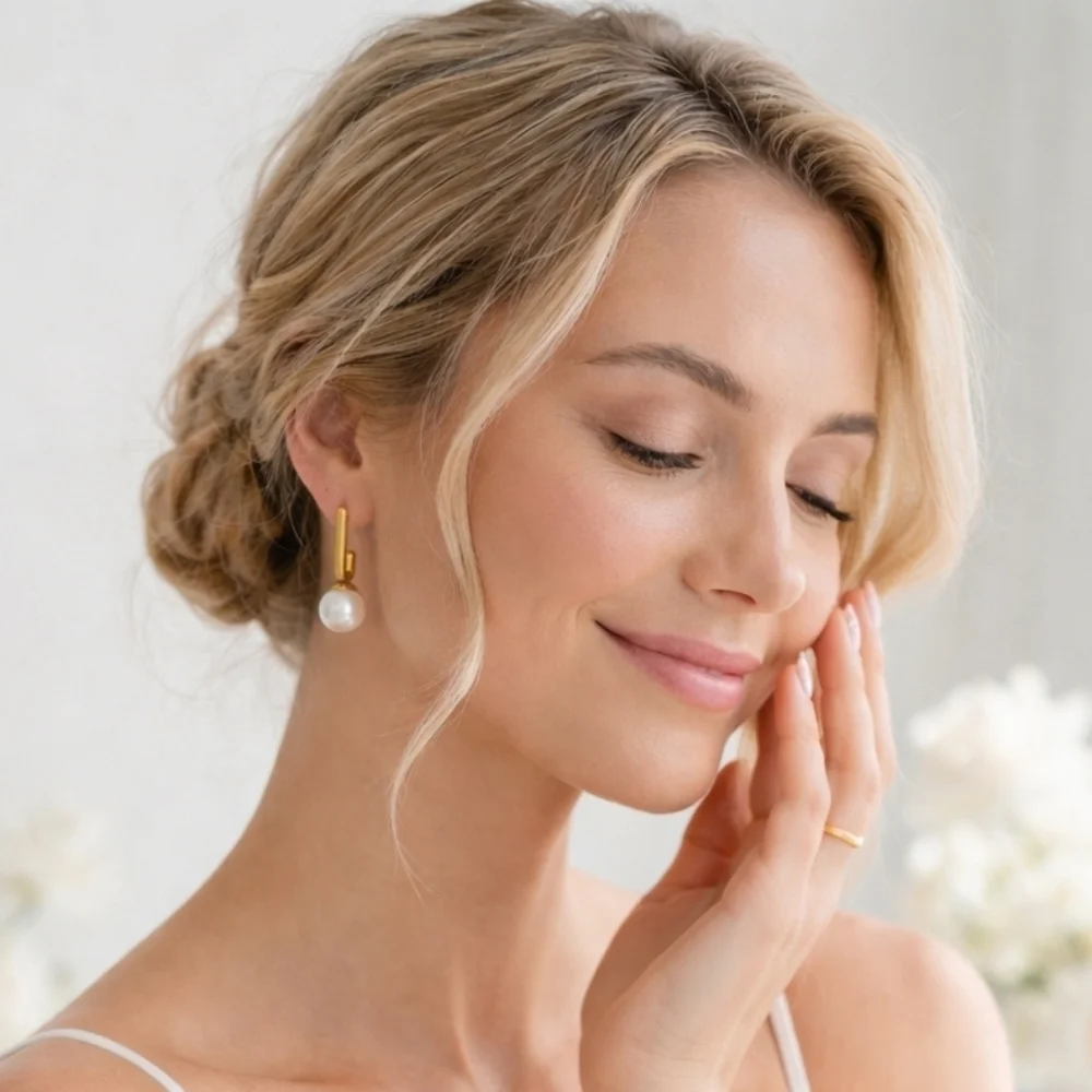 18K Gold Plated Steel Pearl Drop Earrings Geometric Rectangle C-Hoop Modern Stud